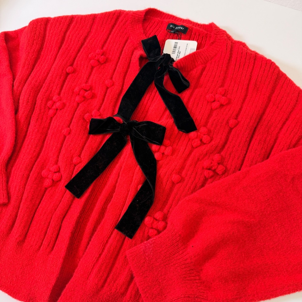 Blu Pepper Red Velvet Bow Front Tie Knit Cardigan Pom Pom Sweater Medium NEW